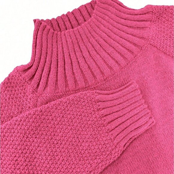 Hot Pink Casual Women's Stand Collar Raglan Sleeve Knit Pullover Sweater - Picture 8 of 8